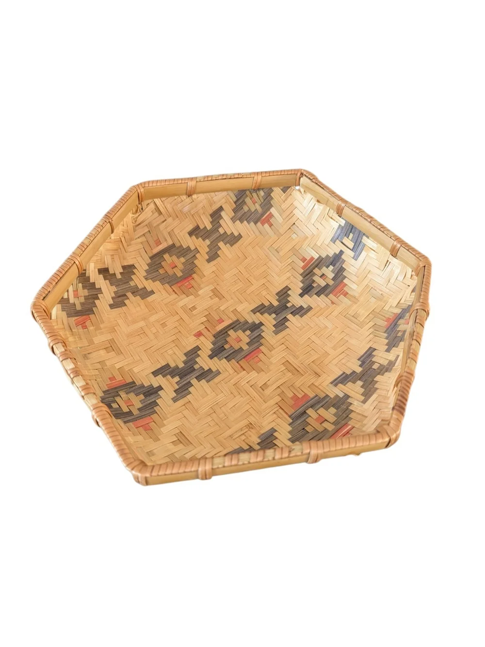 Vintage Southeast Asian Woven Hexagon Straw Basket Tray